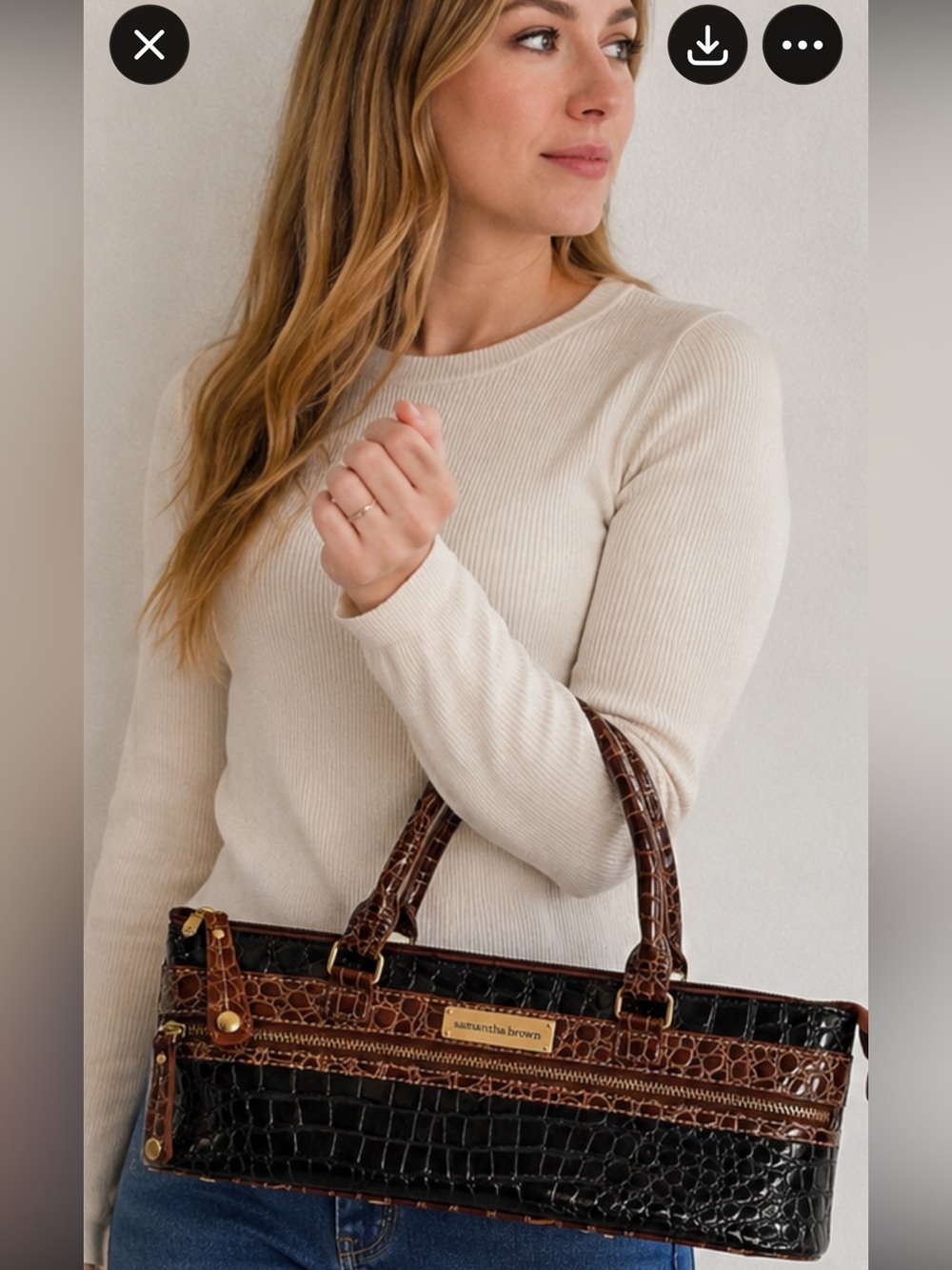 Samantha Brown Black Brown Croc Embossed Satchel Bag Patent Zip Shoulder Purse